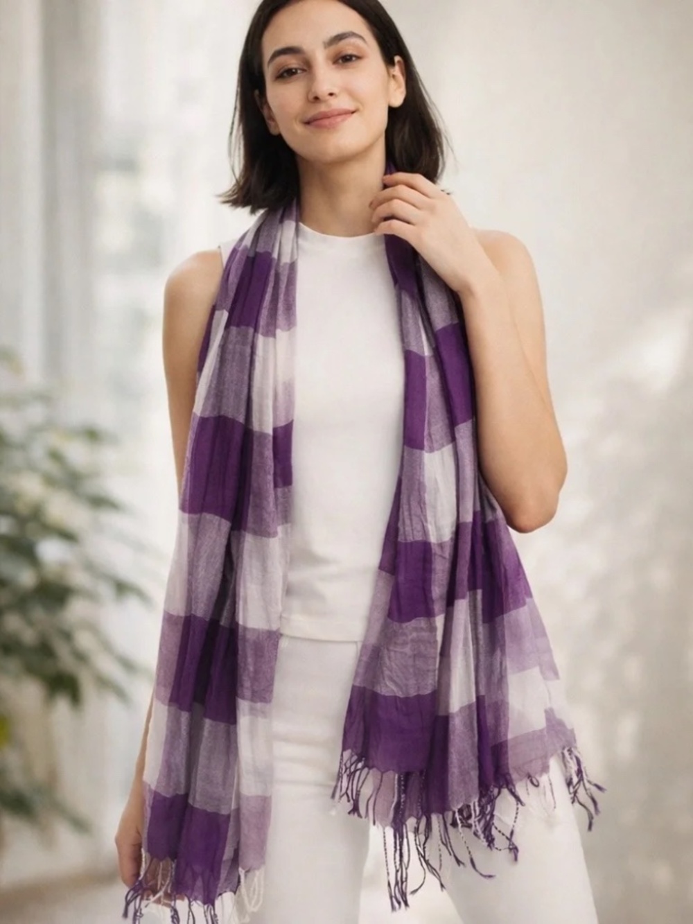 Purple‎ Plaid Fringe Scarf Lightweight Wrap Shawl Fall Winter Accessory
